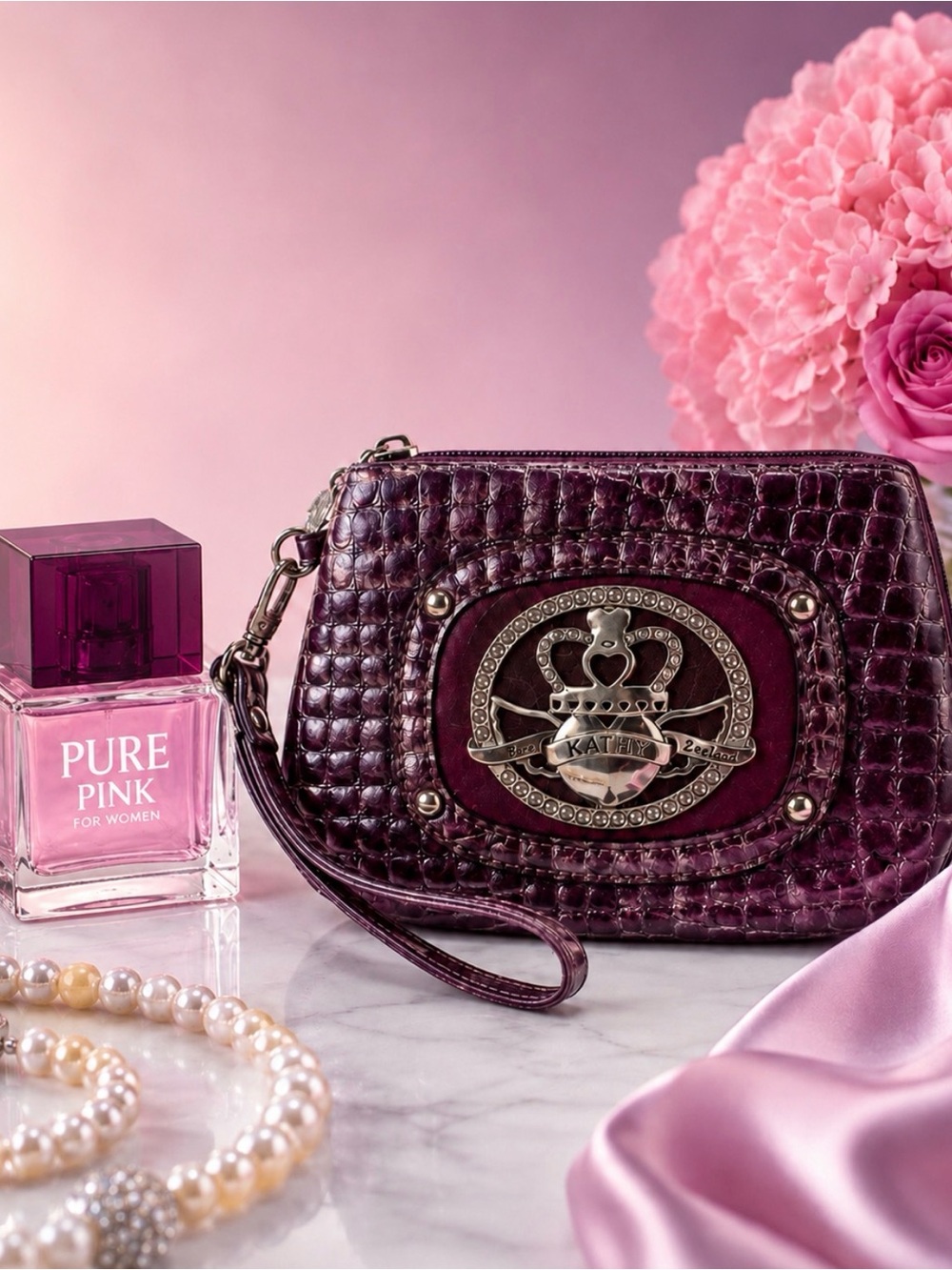 Purple Lovers! Kathy Van Zeeland Croc-Embossed Wristlet | Pure Pink Perfume Set